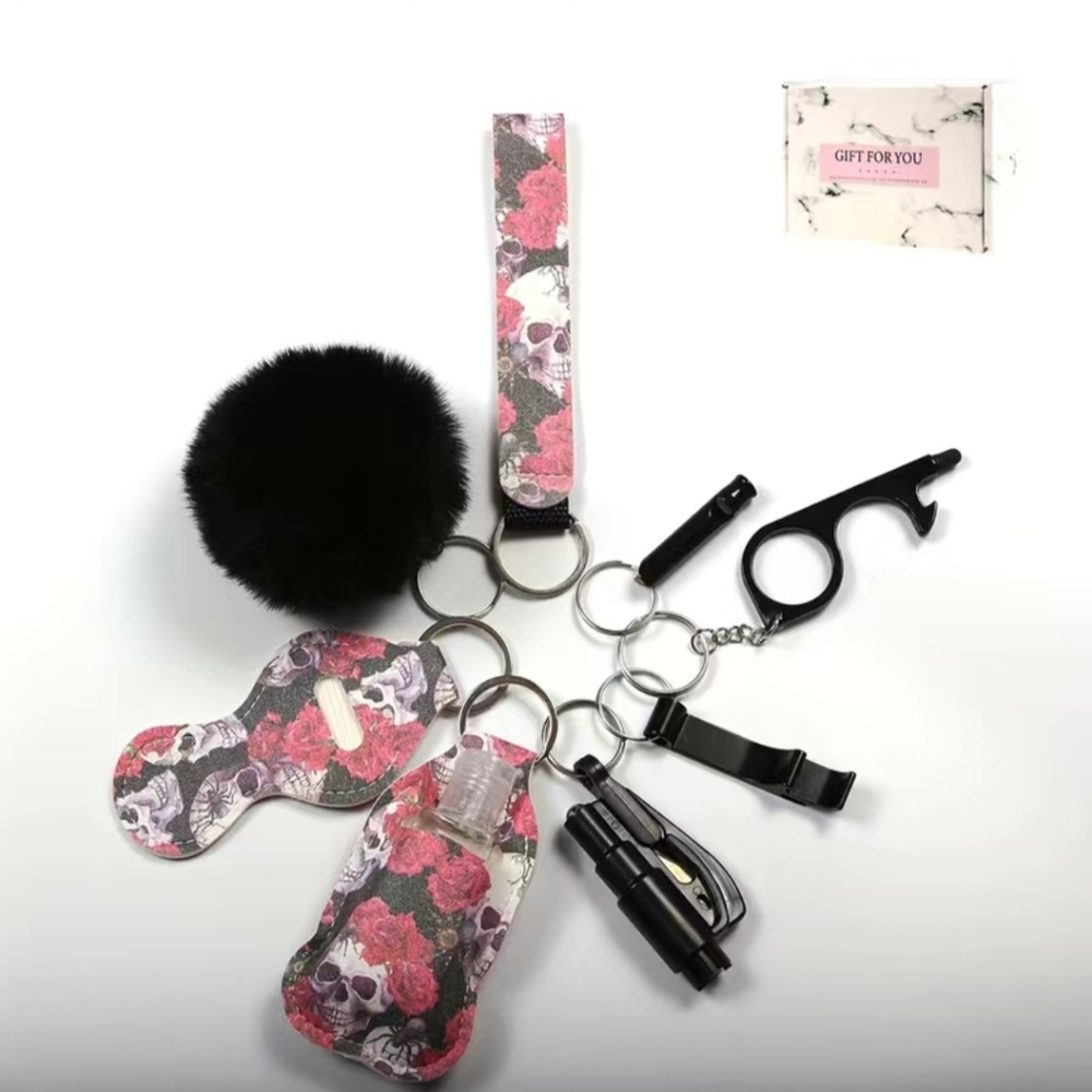 Floral Skull Keychain Set with Black Pom Pom